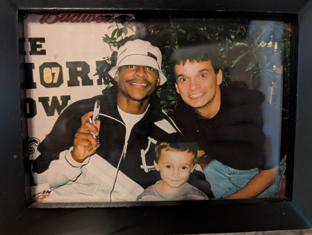 Jay Foster with the iconic Joe Horn cell phone from the famous New Orleans Saints touchdown celebration.
